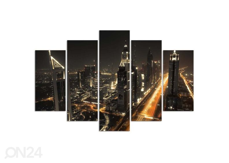 5-osainen taulu Dubai Panorama at Night 200x100 cm kuvasuurennos