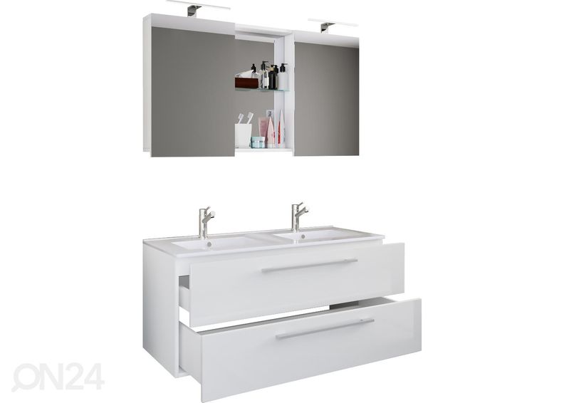 Allaskaappi Budasi 2-osaisella pesualtaalla + peilikaappi kuvasuurennos