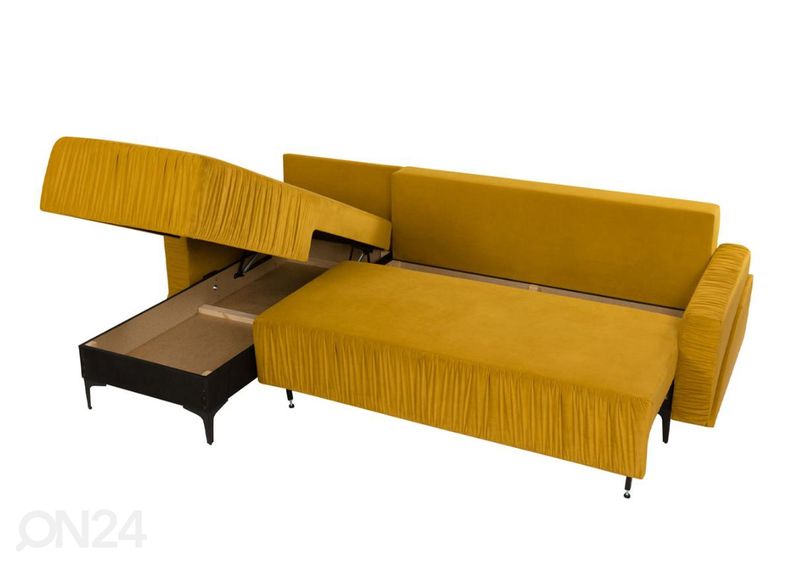 Divaanivuodesohva vuodevaatelaatikolla, kulma vasemmalla kuvasuurennos