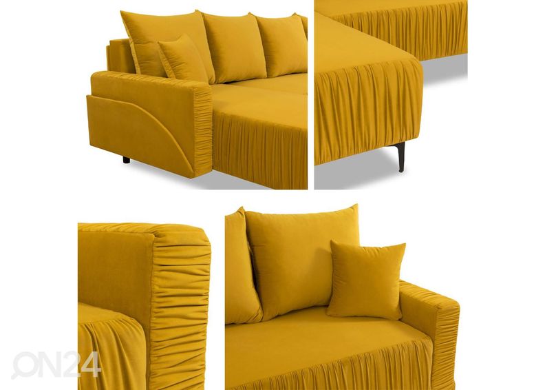 Divaanivuodesohva vuodevaatelaatikolla, kulma vasemmalla kuvasuurennos