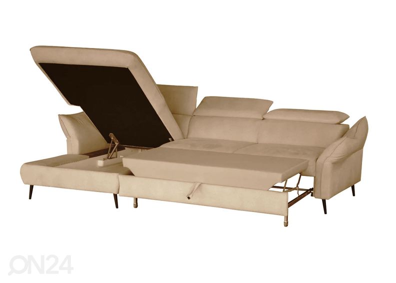 Divaanivuodesohva vuodevaatelaatikolla, kulma vasemmalla kuvasuurennos