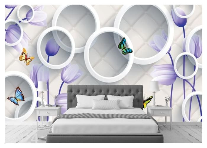Fleece kuvatapetti 3D Violet Flowers, Butterflies and White Circles 416x290 cm kuvasuurennos