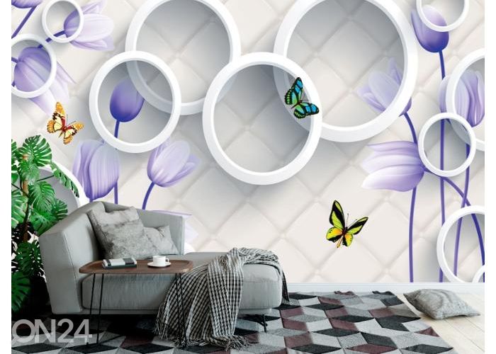 Fleece kuvatapetti 3D Violet Flowers, Butterflies and White Circles 416x290 cm kuvasuurennos