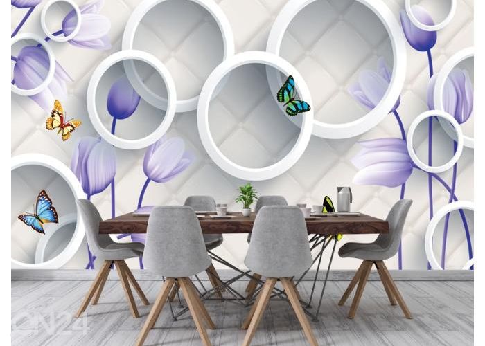 Fleece kuvatapetti 3D Violet Flowers, Butterflies and White Circles 416x290 cm kuvasuurennos