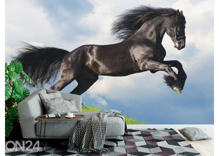 Fleece kuvatapetti Friesian Stallion Gallop in Field 400x260 cm kuvasuurennos