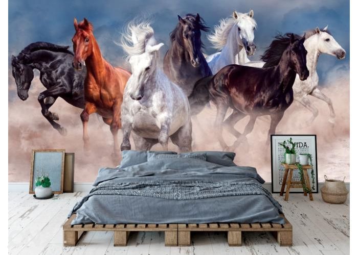 Fleece kuvatapetti Horse Herd Run in Desert Dust Storm 368x254 cm kuvasuurennos