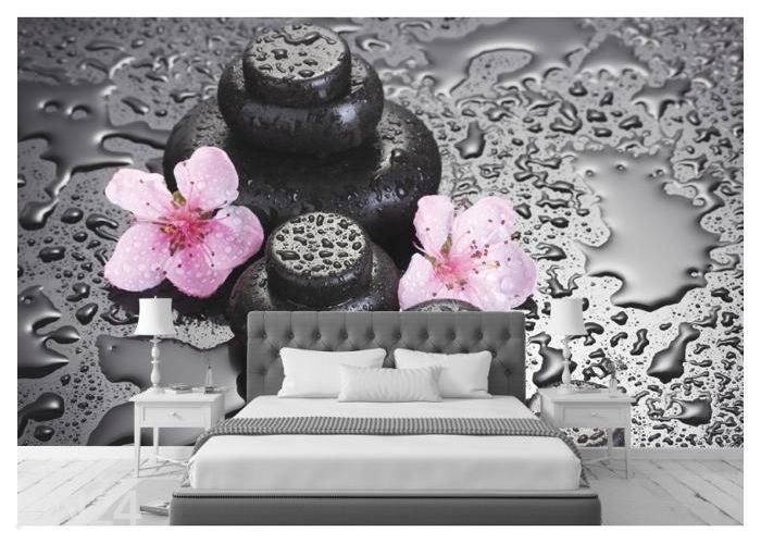 Fleece kuvatapetti Spa Stones with Drops and Pink Sakura Flowers 400x260 cm kuvasuurennos