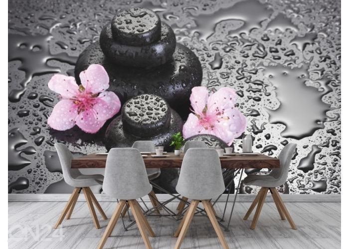 Fleece kuvatapetti Spa Stones with Drops and Pink Sakura Flowers 400x260 cm kuvasuurennos