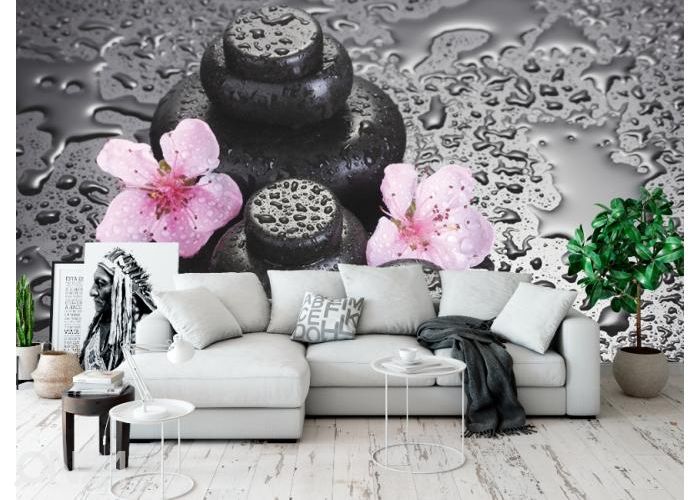 Fleece kuvatapetti Spa Stones with Drops and Pink Sakura Flowers 400x260 cm kuvasuurennos