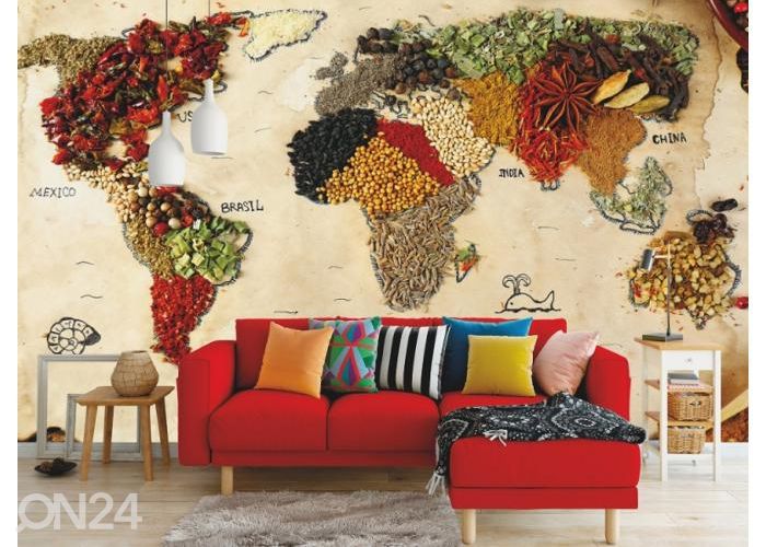 Fleece kuvatapetti Spicy World Map 416x290 cm kuvasuurennos