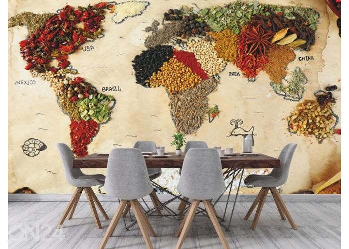 Fleece kuvatapetti Spicy World Map 416x290 cm kuvasuurennos