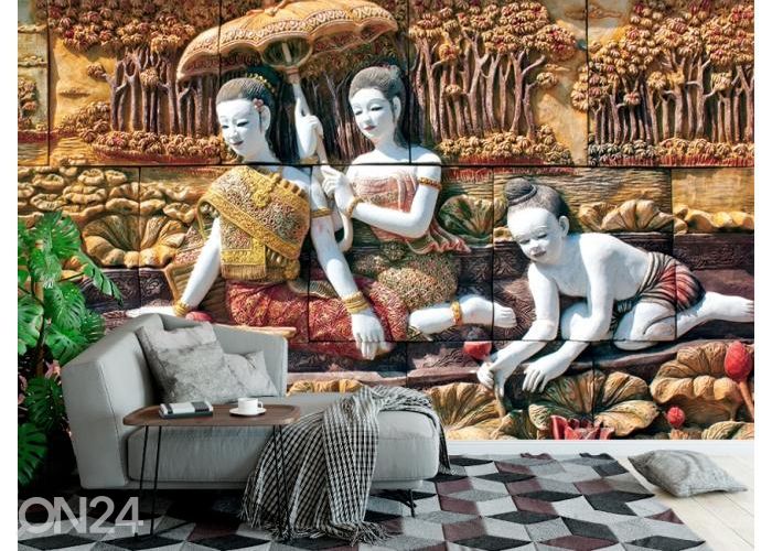 Fleece kuvatapetti Thai Stone Carving on Temple Wall 416x290 cm kuvasuurennos