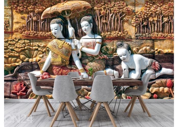 Fleece kuvatapetti Thai Stone Carving on Temple Wall 416x290 cm kuvasuurennos
