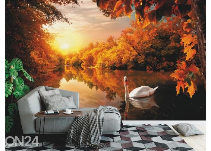 Fleece kuvatapetti White Swan On Autumn Pond 416x290 cm kuvasuurennos