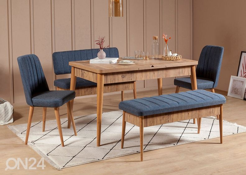Jatkettava ruokapöytä 80x130-165 cm + 2 tuolia + 2 penkkiä kuvasuurennos