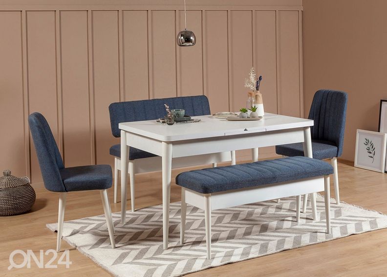 Jatkettava ruokapöytä 80x130-165 cm + 2 tuolia + 2 penkkiä kuvasuurennos