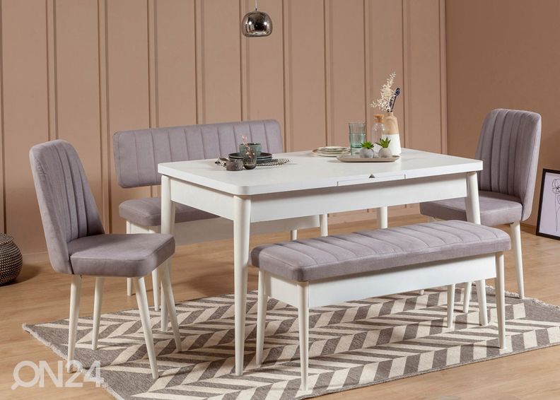 Jatkettava ruokapöytä 80x130-165 cm + 2 tuolia + 2 penkkiä kuvasuurennos