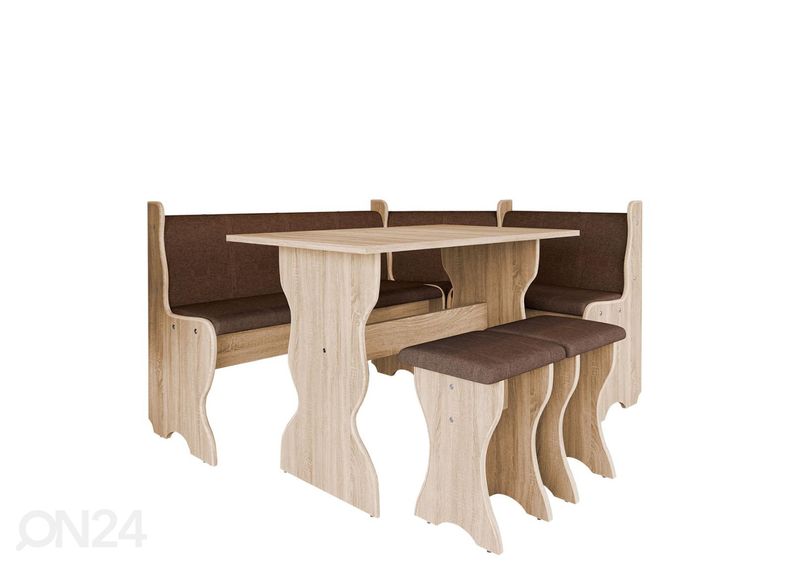 Keittiön kulmapenkki, jakkarat ja pöytä kuvasuurennos