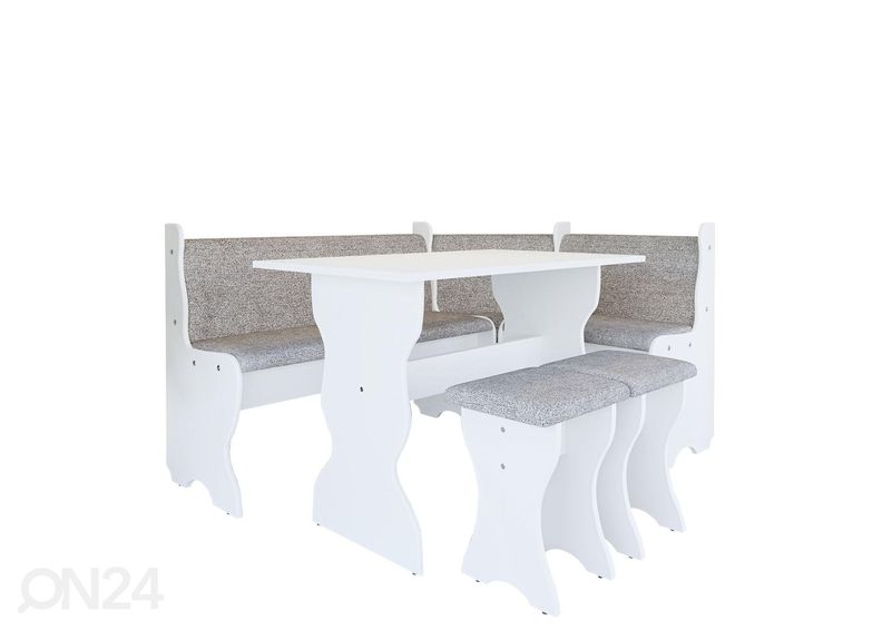 Keittiön kulmapenkki, jakkarat ja pöytä kuvasuurennos