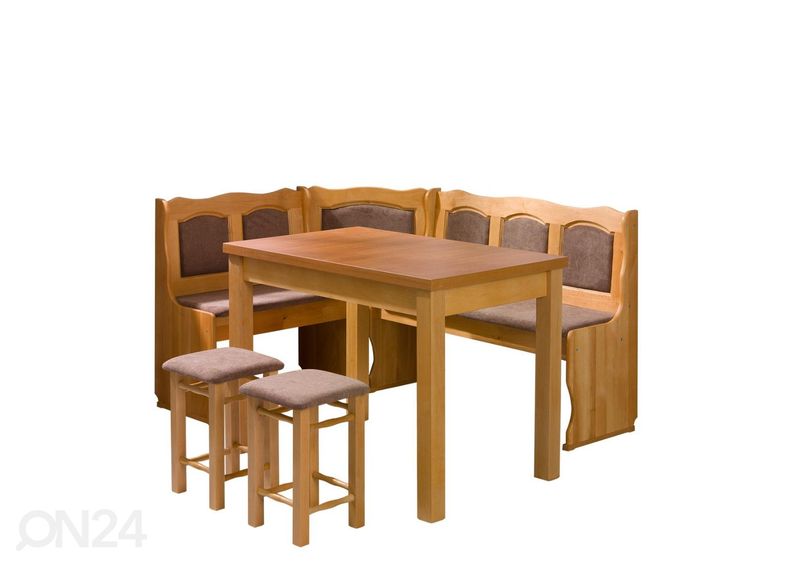 Keittiön kulmapenkki, jakkarat ja pöytä kuvasuurennos