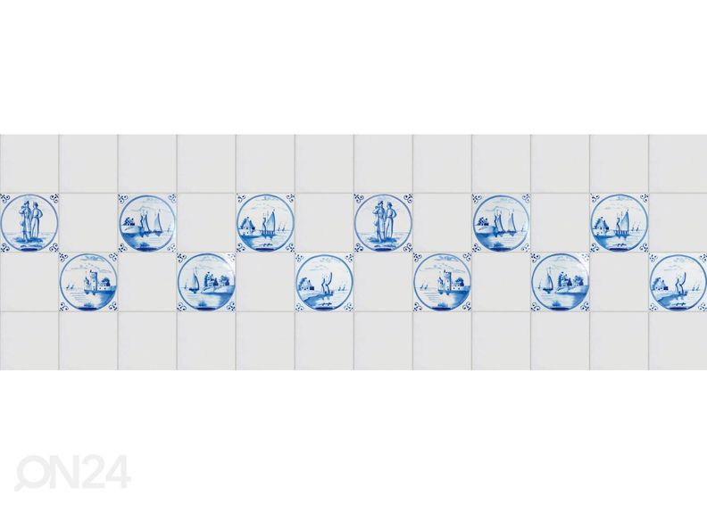 Keittiön välitilan tapetti Blue Delft Tiles 180x60 cm kuvasuurennos