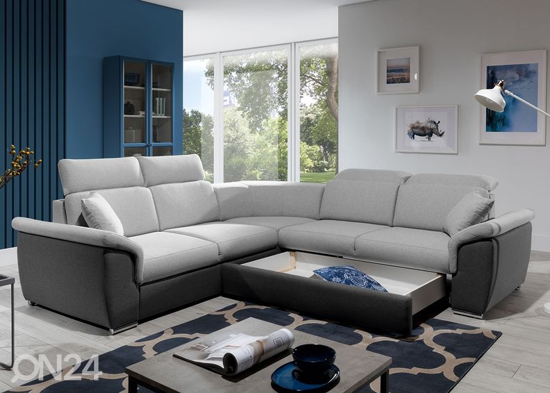 Kulmavuodesohva vuodevaatelaatikolla kuvasuurennos