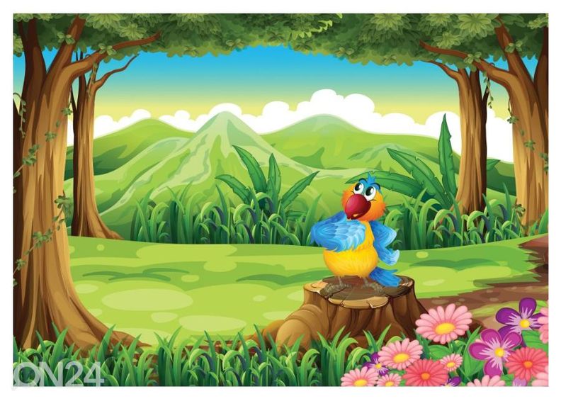 Kuvatapetti Colorful parrot above the stump in the jungle 400x260 cm kuvasuurennos