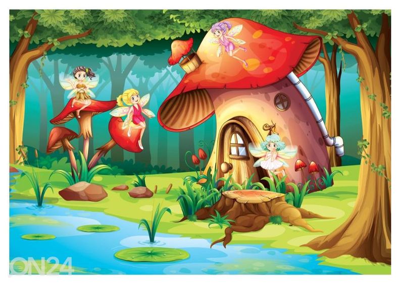 Kuvatapetti Fairies flying around a mushroom house 400x260 cm kuvasuurennos