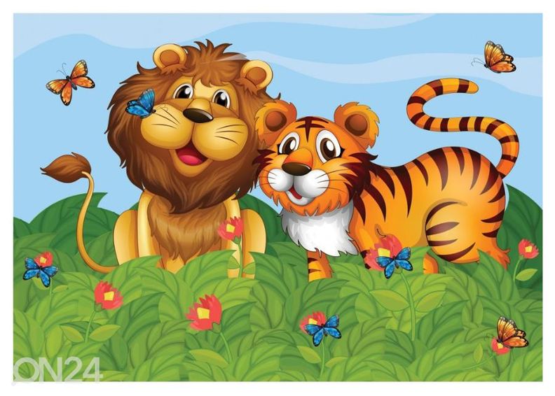 Kuvatapetti Lion, tiger and the butterflies in the garden 416x290 cm kuvasuurennos