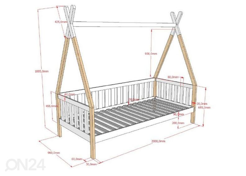 Lasten talosänky Tipi 90x200 cm, valkoinen/ luonnollinen kuvasuurennos