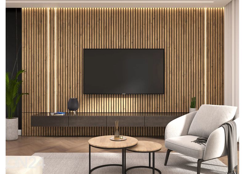 Massiivipuusta valmistettu akustinen rimapaneeli 240x60 cm kuvasuurennos