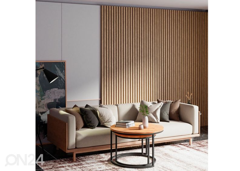 Massiivipuusta valmistettu akustinen seinäpaneeli 240x60 cm kuvasuurennos