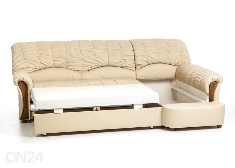 Nahka kulmavuodesohva vuodevaatelaatikolla kuvasuurennos