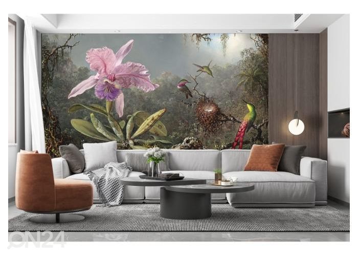 Non-woven kuvatapetti Cattleya Orchid and Three Hummingbirds by Martin Johnson Heade 400x260 cm kuvasuurennos