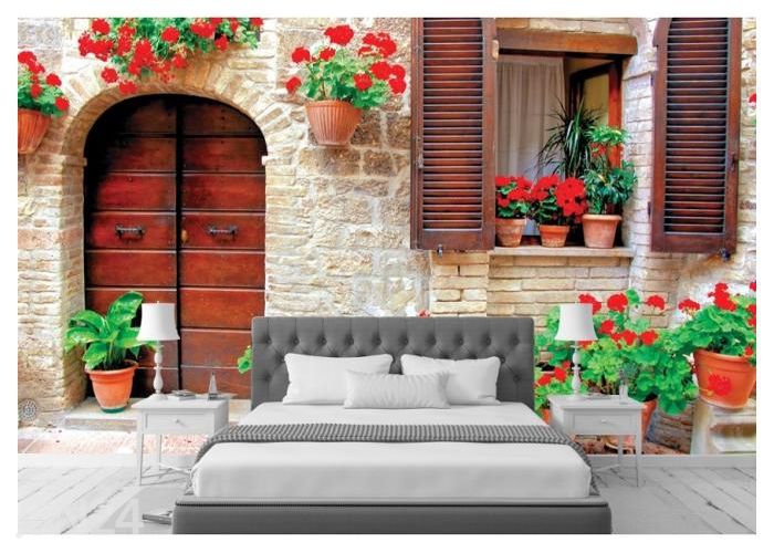 Non-woven kuvatapetti Italian House with Colorful Potted Flowers 368x254 cm kuvasuurennos