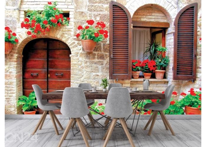 Non-woven kuvatapetti Italian House with Colorful Potted Flowers 368x254 cm kuvasuurennos