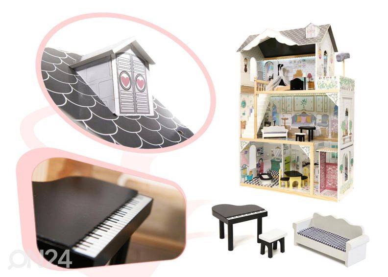 Nukkekoti + huonekalut ja LED-valot kuvasuurennos