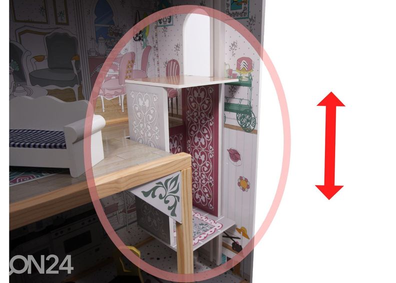 Nukkekoti + huonekalut ja LED-valot kuvasuurennos