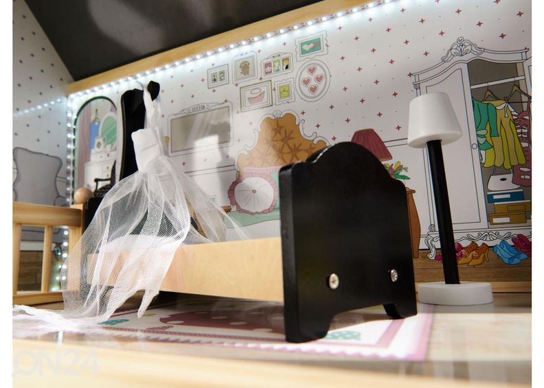 Nukkekoti + huonekalut ja LED-valot kuvasuurennos