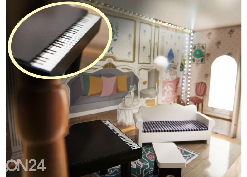 Nukkekoti + huonekalut ja LED-valot kuvasuurennos