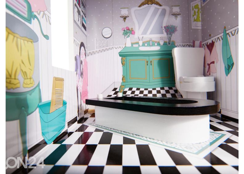 Nukkekoti + huonekalut ja LED-valot kuvasuurennos