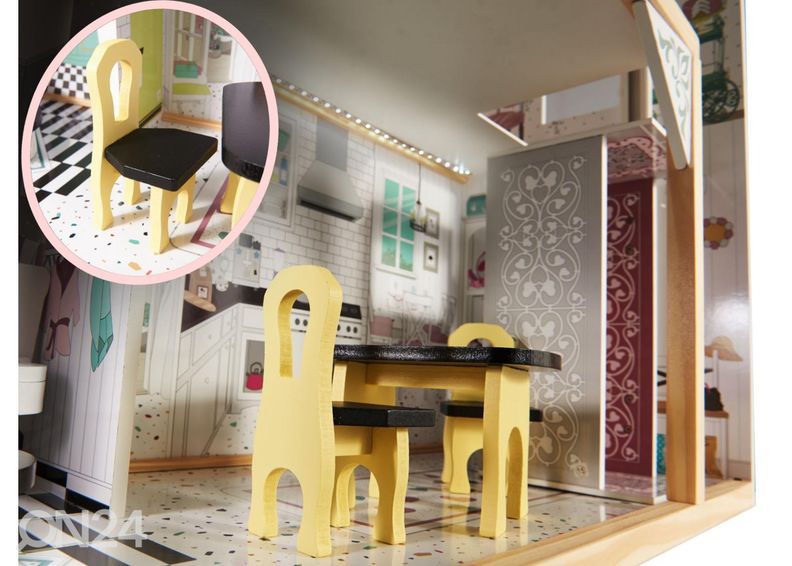 Nukkekoti + huonekalut ja LED-valot kuvasuurennos