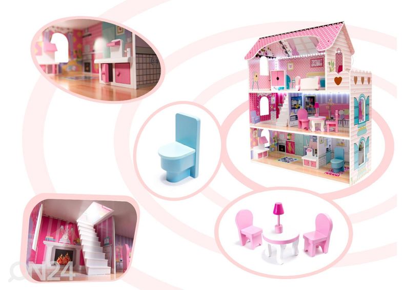 Nukkekoti + huonekalut ja LED-valot kuvasuurennos