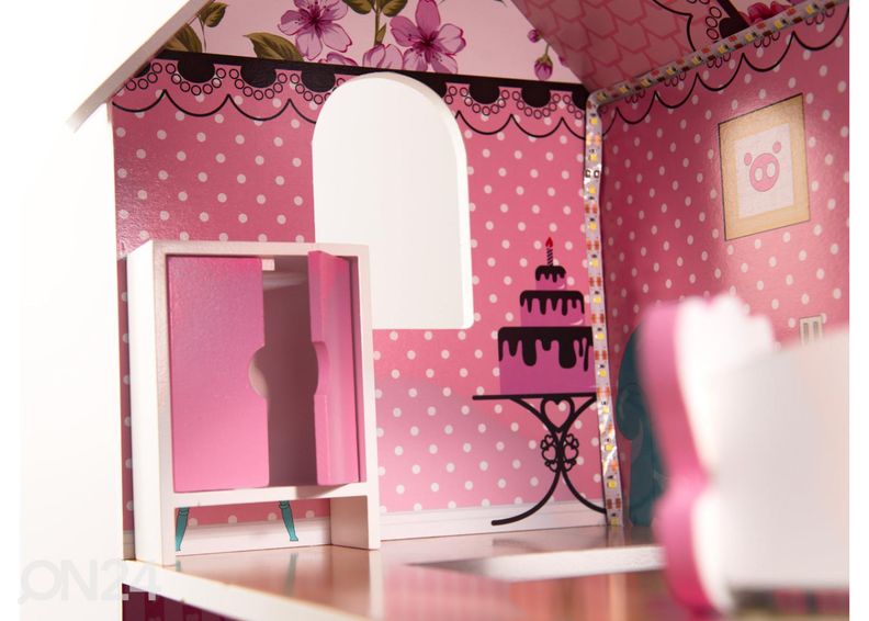 Nukkekoti + huonekalut ja LED-valot kuvasuurennos