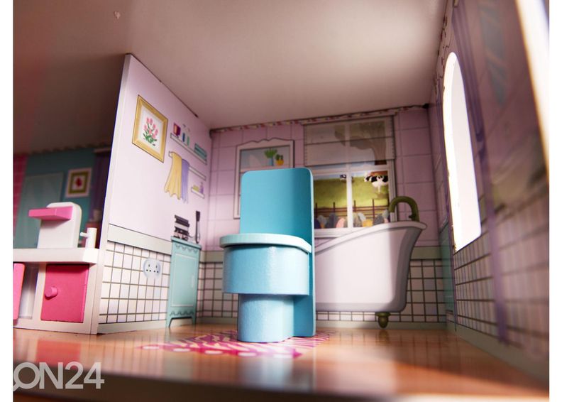 Nukkekoti + huonekalut ja LED-valot kuvasuurennos