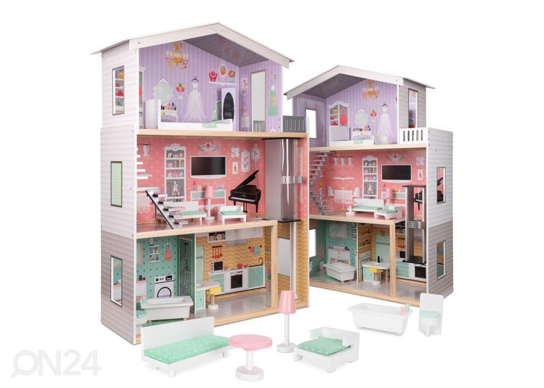 Puinen nukkekoti + huonekalut 114 cm kuvasuurennos