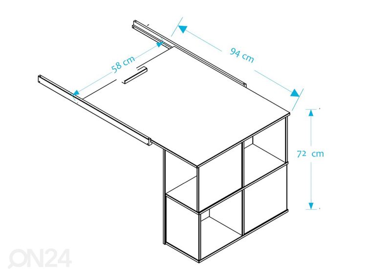 Puolikorkea parvisänky Robin 90x200 cm pöydällä, lipastolla ja hyllyllä kuvasuurennos