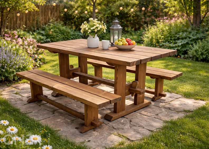 Puutarhapöytä ja penkit 150 cm kuvasuurennos