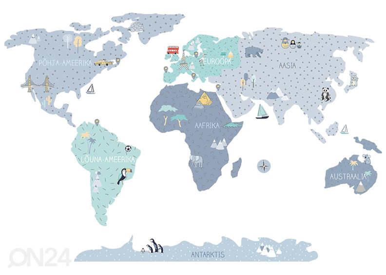 Seinätarra Maailmankartta L viron kielellä, sininen kuvasuurennos