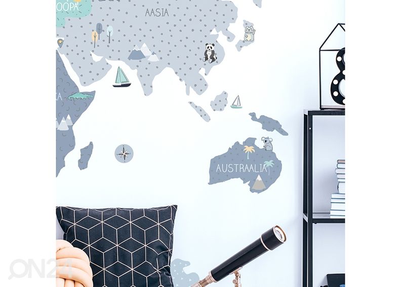 Seinätarra Maailmankartta L viron kielellä, sininen kuvasuurennos